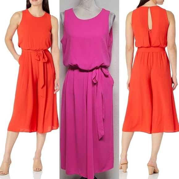 Vince Camuto Poppy Pink Sleeveless High Neck Tie Waist Blouson Capri Jumpsuit 10